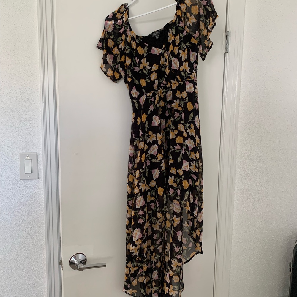 Floral Hi-Lo Midi Dress in Black with Pink & Yellow Flowers